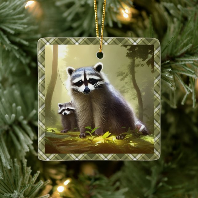 Ornement En Céramique Raccoon Family Wildlife Portrait Personnalisé (Arbre)