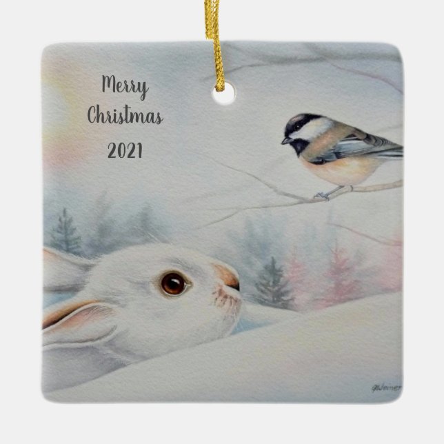 Ornement En Céramique Raquette à neige Rabbit & Chickadee Oiseau Aquarel (Devant)