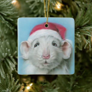 Ornement En Céramique Rat de Noël blanc avec art Pastel de Santa Hat