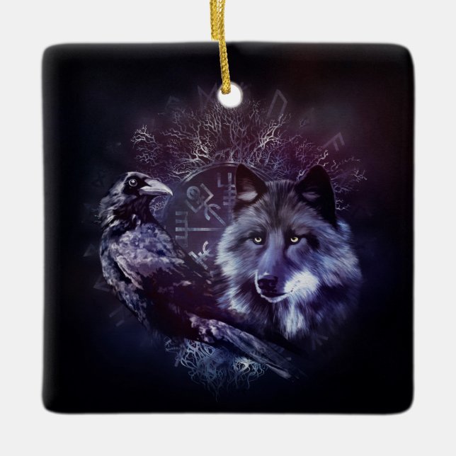Ornement En Céramique Raven et loup - Vegvisir et arbre de la vie (Devant)