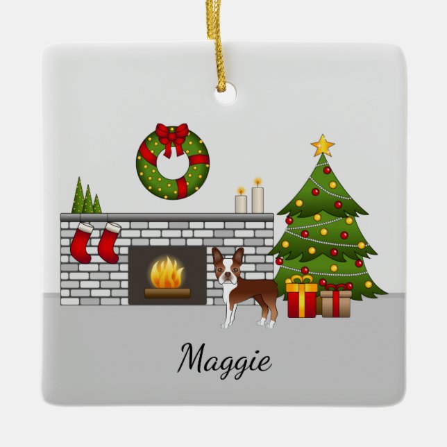 Ornement En Céramique Red Boston Terrier Dans Une Salle De Noël Festive (Devant)