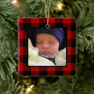 Ornement En Céramique Red Buffalo Plaid 1st Christmas Baby Photo