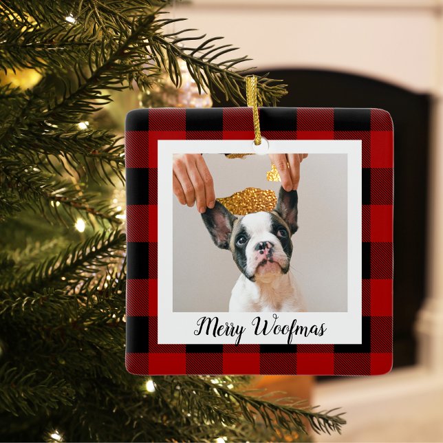 Ornement En Céramique Red Buffalo Plaid Chien Photo | Merry Woofmas (Créateur téléchargé)