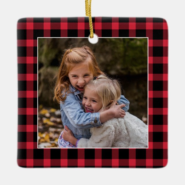 Ornement En Céramique Red Buffalo Plaid Christmas Photo (Devant)