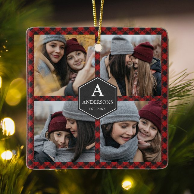 Ornement En Céramique Red Buffalo Plaid Lumberjack Family Photo Collage (Créateur téléchargé)