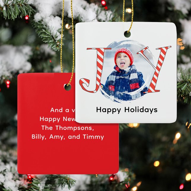 Ornement En Céramique Red Christmas Stripes Photo Joie Typographie (Joy typography Christmas Photo Ornaments. )