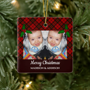 Ornement En Céramique Red Christmas tartan motif Personnaliser la photo