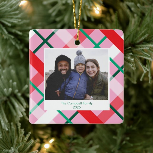 Ornement En Céramique Red Green Pink Plaid Christmas Photo Ornament (Arbre)