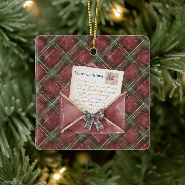 Ornement En Céramique Red Green Plaid Stripes Letter Christmas   (Arbre)