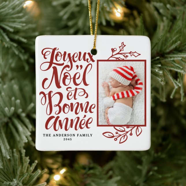 Ornement En Céramique Red Joyeux Noël et Bonne Année Photo (Arbre)