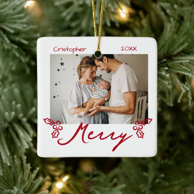 Ornement En Céramique Red Mistletoe Doodles 2 Photos Merry (Arbre)