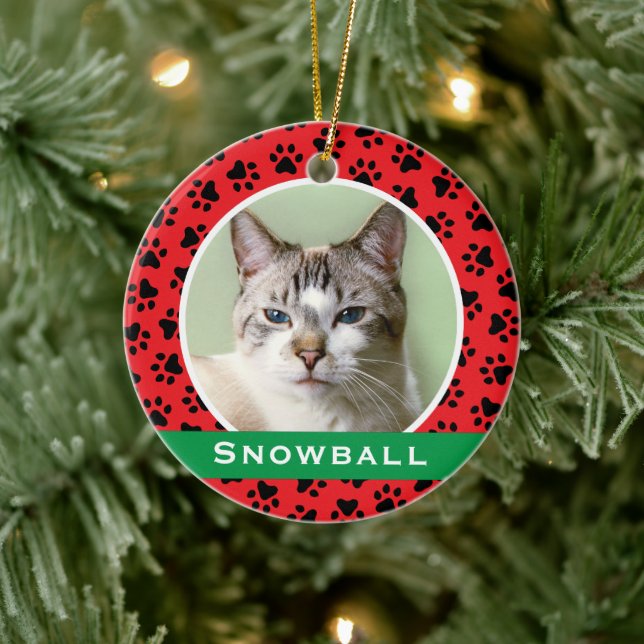 Ornement En Céramique Red Pet Empreintes de pattes Personnalisé Chat Nom (Arbre)