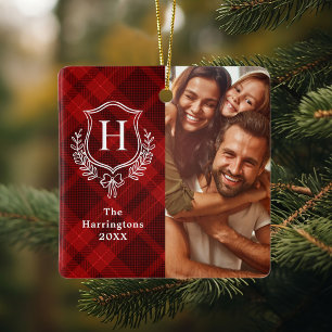 Ornement En Céramique Red Plaid Family Crest Photo Noël