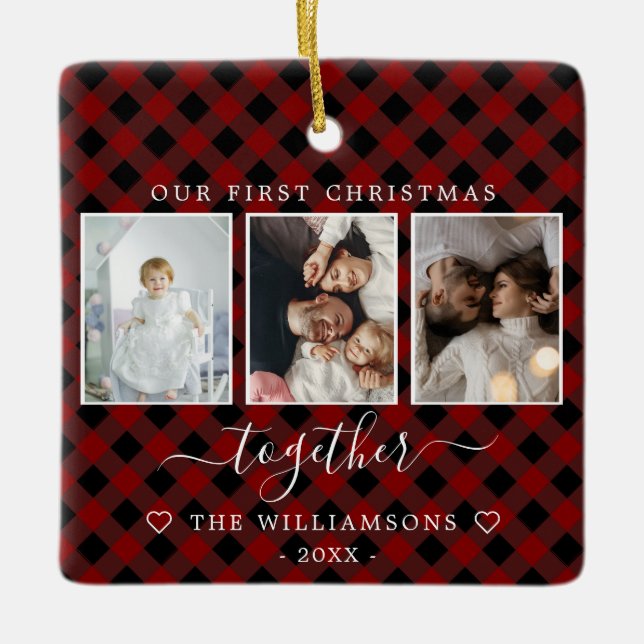 Ornement En Céramique Red plaid multiphoto premier Noël ensemble (Devant)