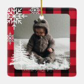 Ornement En Céramique Red Plaid Pine Tree Baby Birth Stats & Photos (Dos)