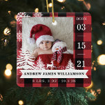 Ornement En Céramique Red Plaid Pine Tree Baby Birth Stats & Photos<br><div class="desc">New baby birth stats photo Christmas ornament. The design features two photos, one photo on the front and one on the back. Display your new baby's photo. The date of birth is displayed along the side and the baby's name and birth stats along the bottom. Rustic red plaid background with...</div>