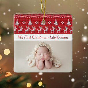 Ornement En Céramique Red Reindeer Classic Baby's 1st Christmas Photo