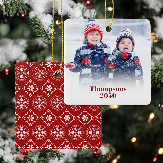 Ornement En Céramique Red Snowflake Photo Custom Red Snowflake (Red and white snowflake pattern with photo template.)