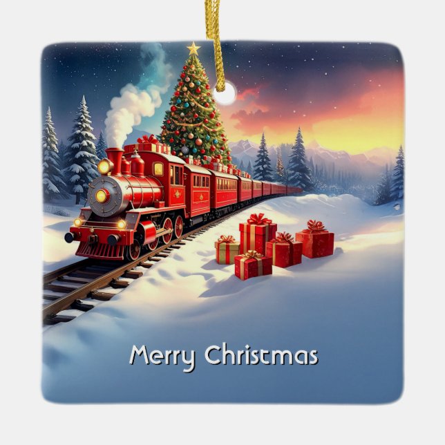 Ornement En Céramique Red Train Christmas Tree Holiday Ornament (Devant)