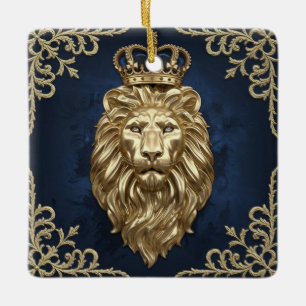 Ornement En Céramique Regal Lion Design - Marine Blue & Gold Luxe