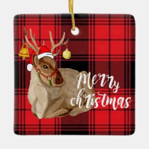 Ornement En Céramique Reindeer Jingle Bell Plaid Joyeux sapin de Noël