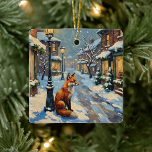 Ornement En Céramique Renard vintage sous lampe à gaz dans un Noël ennei