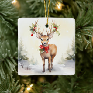 Ornement En Céramique Renne de Noël à l'aquarelle