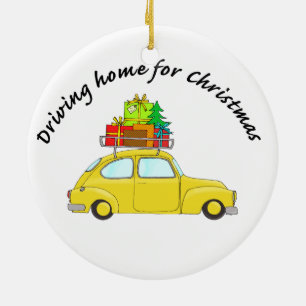 Ornement En Céramique "Rentrer en voiture pour Noël" voiture remorquant