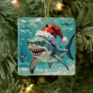 Ornement En Céramique Requin vintage avec chapeau de Père Noël Art de No