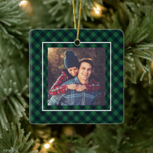 Ornement En Céramique Restez Cosy Green Buffalo Plaid Family Photo