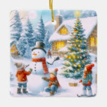 Ornement En Céramique Retro Christmas Snowman<br><div class="desc">Donnez un ornement comme un cadeau et votre famille et vos amis vous feront plaisir à chaque fois qu'ils transmettent l'ornement sur l'arbre. Cet ornement de gardien présente une aquarelle de l'IA généré image de scène hivernale avec bonhomme de neige, arbre de Noël décoré et enfants jouant. Personnalisez l'arrière de...</div>