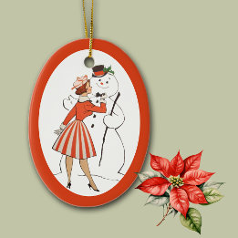 Ornement en céramique Retro Lady et Snowman