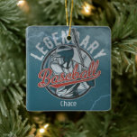 Ornement En Céramique Retro Legendary Baseball Blue Holiday<br><div class="desc">This is a fun sports themed Christmas ornament for a baseball fan. The front features a retro image of a batter, with the text in red "Baseball" written in script over it. Above the image is the text "LEGENDARY" and below it is your custom text, all in pale gray blue....</div>