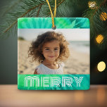 Ornement En Céramique Retro MERRY - Cravate-Dye Turquoise - Photo les an<br><div class="desc">Design de Noël non conventionnel avec une ambiance les années 70. FRONT - Photo avec le mot "MERRY" est dans une police rétro qui coordonne avec l'arrière - plan non traditionnel. Ajoutez votre photo préférée à ce design éclectique et coloré. RETOUR - Motif de teinture rétro dans un mélange de...</div>
