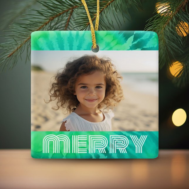Ornement En Céramique Retro MERRY - Cravate-Dye Turquoise - Photo les an (Personalized photo ornament)