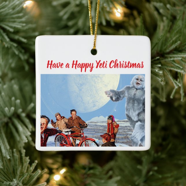 Ornement En Céramique Retro Yeti Christmas Ornament, Personalized Family (Arbre)