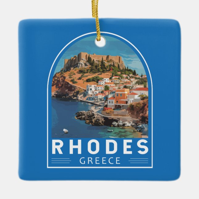 Ornement En Céramique Rhodes Grèce Illustration Voyage Art Vintage (Devant)