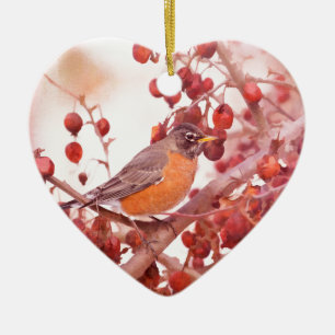 Ornement en céramique Robin avec des baies rouges