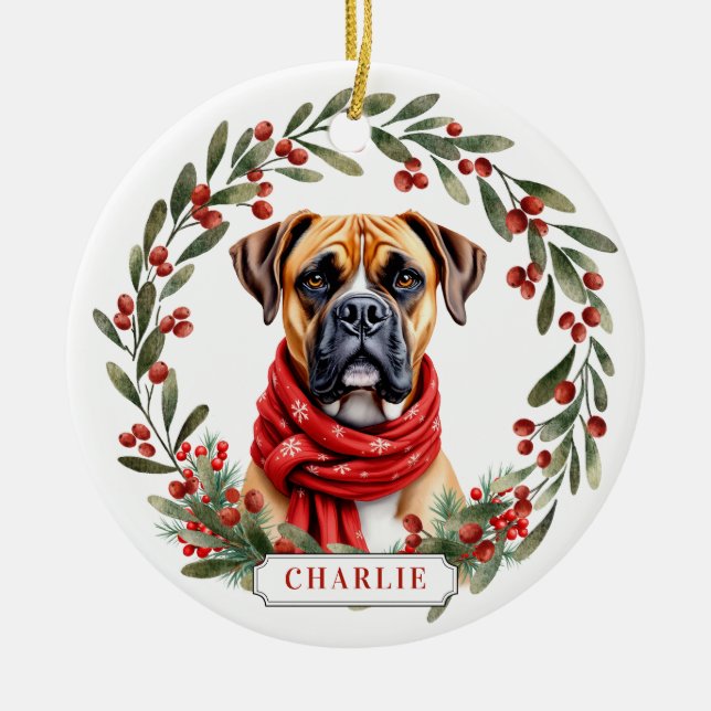 Ornement en céramique rond Chien Boxer (Devant)
