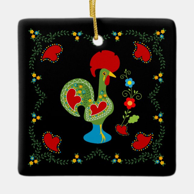 Ornement En Céramique Rooster portugais de la chance en vert Joyeux anni (Devant)