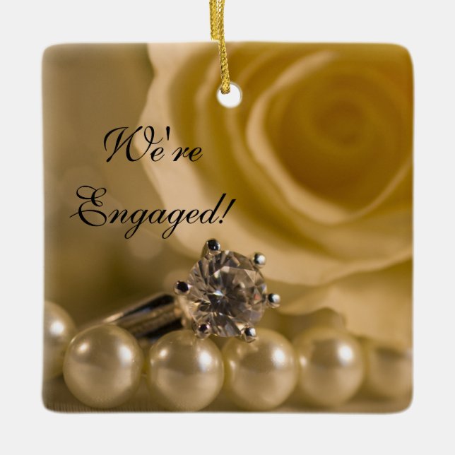 Ornement En Céramique Rose blanche, anneau et Fiançailles de perles (Devant)