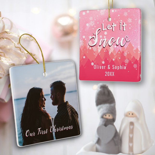 Ornement En Céramique Rose Laisser neiger la première photo de Noël (Créateur téléchargé)