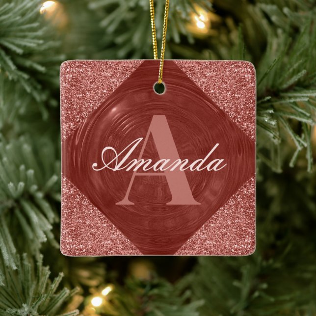 Ornement En Céramique Rose moderne Parties scintillant or Girl Monogramm (Arbre)