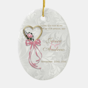 Ornement En Céramique Rose Romantique, Cœur d'Or et Ruban Rose