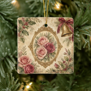 Ornement En Céramique Roses de Noël victoriennes Crème Dorée 