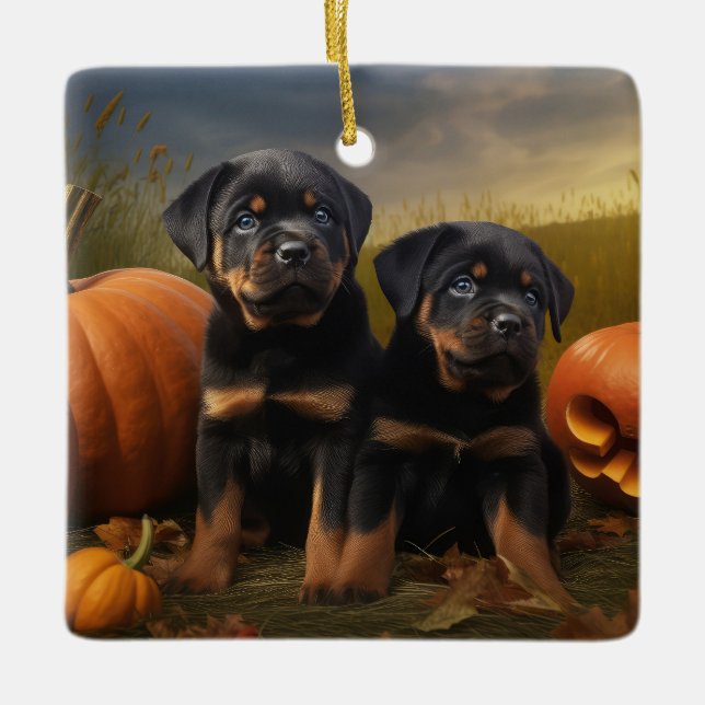 Ornement En Céramique Rottweiler Chiot Automne Citrouille de plaisir (Devant)