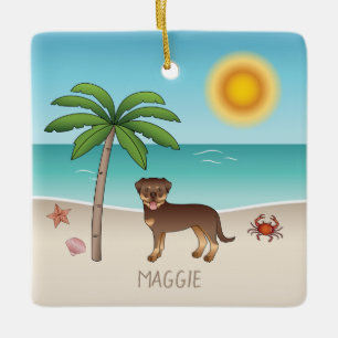 Ornement En Céramique Rottweiler rouge et fauve sur une plage tropicale