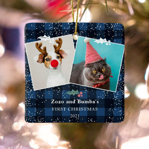 Ornement En Céramique Roue bleu plaid flanelle mistletoe neige 2 photos