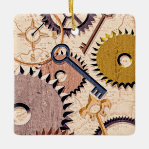 Ornement En Céramique Roues à vapeur, engrenages, clés, vieille carte Pe