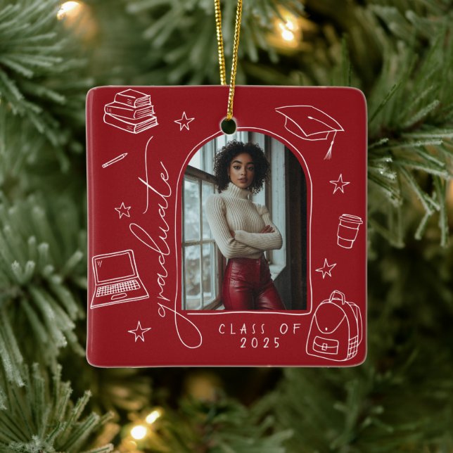 Ornement En Céramique Rouge Blanc Retro Main dessinée (Arbre)